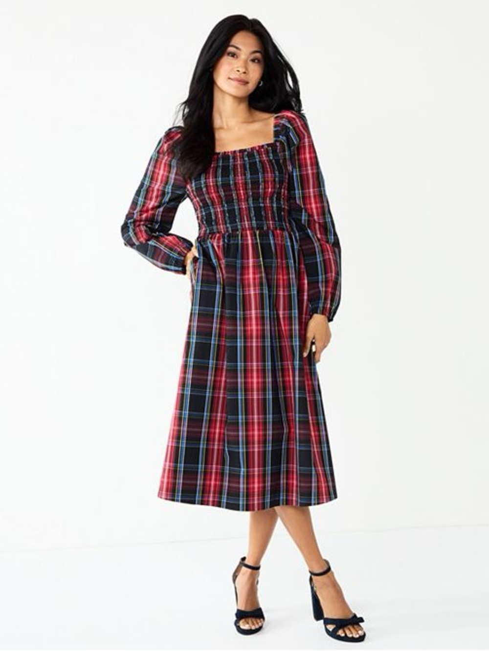 Draper James Plaid Smocked Square Neck Pocketed Long Sleeve Midi Dress L
